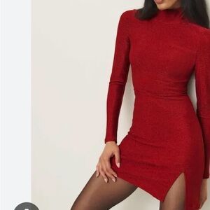 Reformation Elegant Red Long Sleeve mini dress sparkle